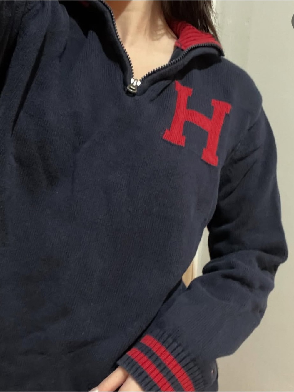 Tommy Hilfiger Navy Pullover Sweater with Red H Logo and Trim
